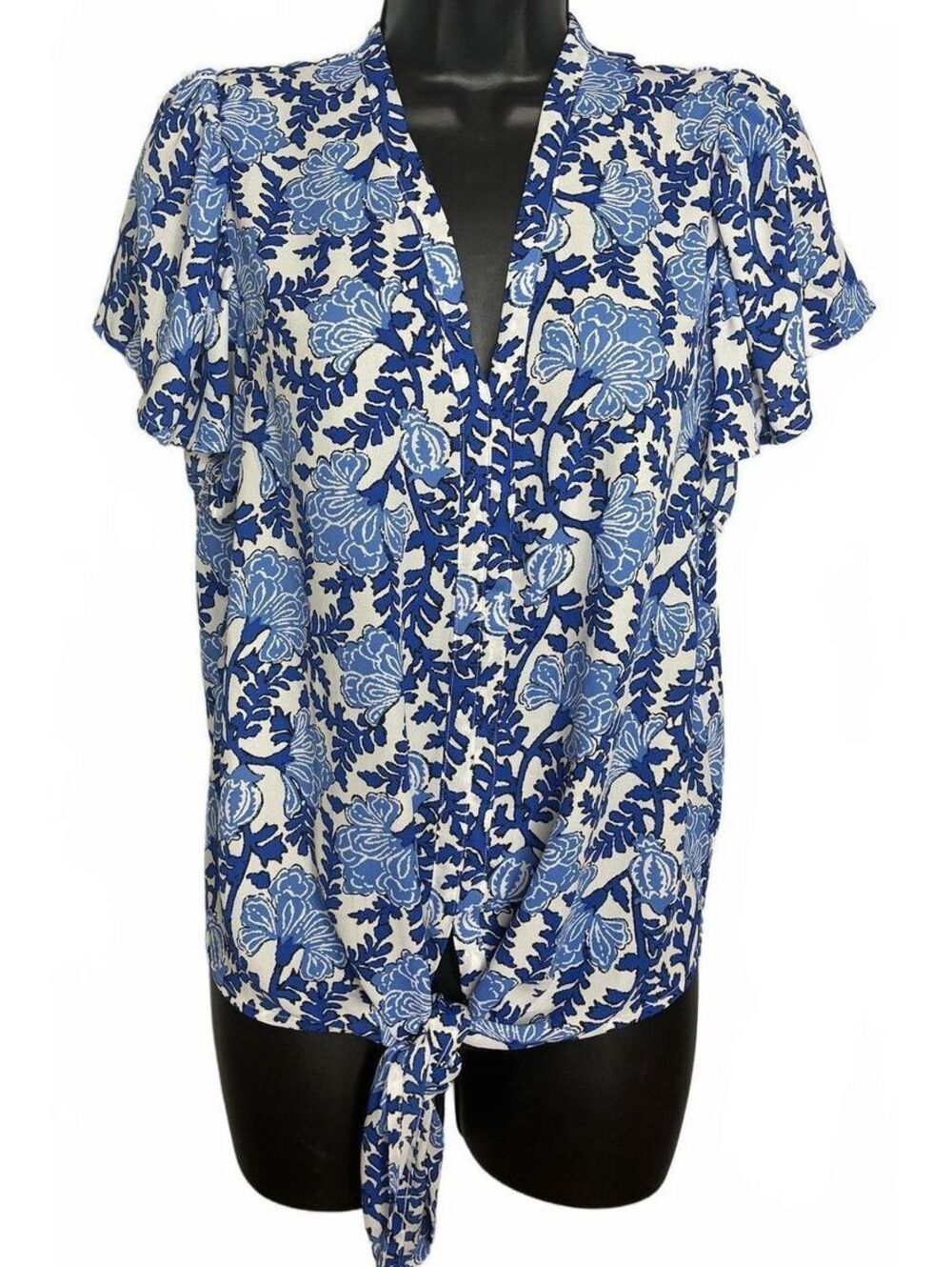 Morgan Taylor Blue & White Floral Short Sleeve Blouse Tie Front Large